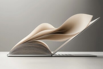 Abstract Laptop with Beige Paper Pages, Minimalist Conceptual Design, Closeup View