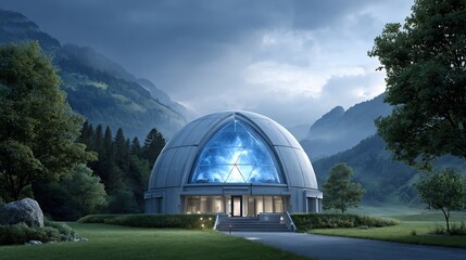 Obraz premium Futuristic biodome nestled amongst alpine mountains