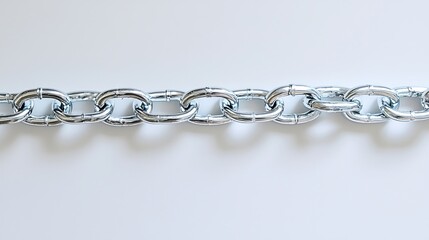Fototapeta premium Detailed close-up of a robust, shiny silver metal chain with interconnected reflective links displayed on a bright white surface.
