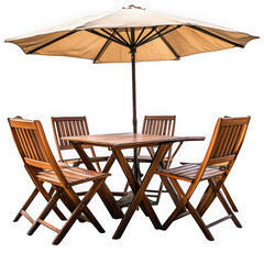 Wooden table and chairs under an umbrella on black ground on transparent background