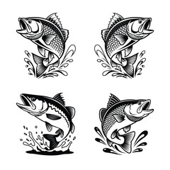 Fototapeta premium Jumping Bass Fish Black and White Vector Illustration
