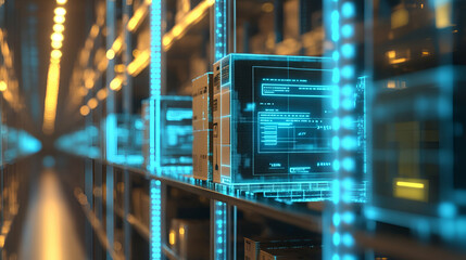 Futuristic Data Storage Warehouse with Glowing Blue Digital Elements