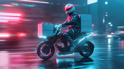 Futuristic Delivery Rider on Motorcycle at Night in a Neon City