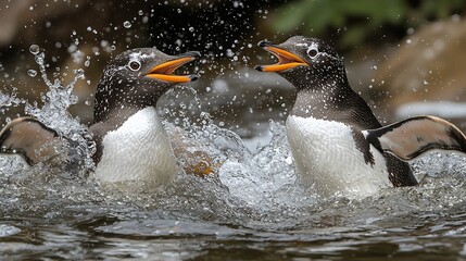 Two penguins squabbling in splashing water