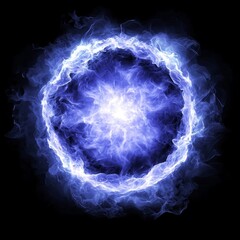 An intense glowing blue sphere of pure energy and bright light is surrounded by swirling smoke and plasma effects on a dark background.