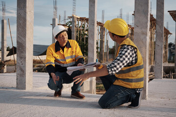 A team of engineers wearing hard hats inspect construction and inspect the site to ensure quality...