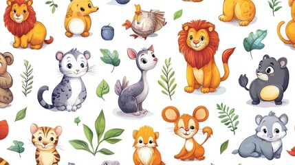 Seamless and isolated animal pattern cartoon illustration illustration , no logos, no brands