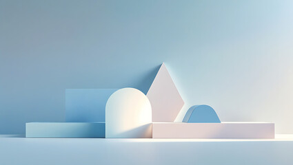 Minimalist composition featuring pastel geometric shapes and soft lighting for product presentation