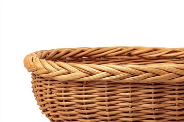 Empty woven wicker basket on white background.