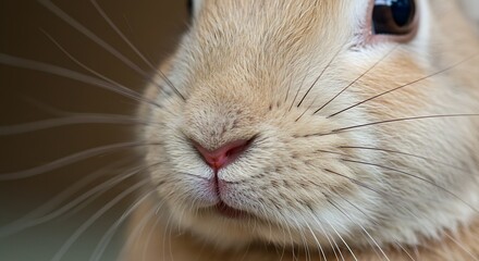 Fototapeta premium Detailed view of a rabbit's face, showcasing its beige fur, pink nose, and prominent whiskers.