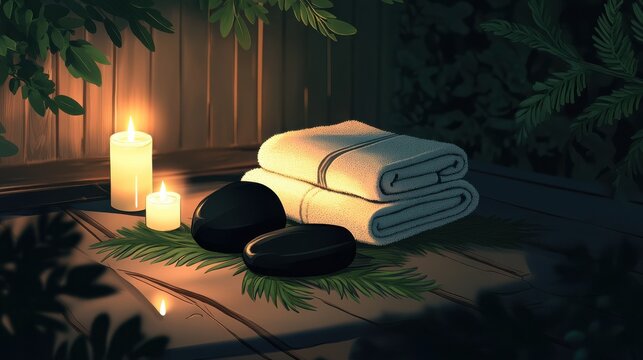 Towel on fern with candles and black hot stone on wooden background. Hot stone massage setting lit by candles. Massage therapy for one person with candle light. Beauty spa treatment and relax concept
