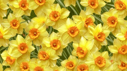 Bunch of yellow flowers with orange centers. The flowers are in a field and are very bright and cheerful