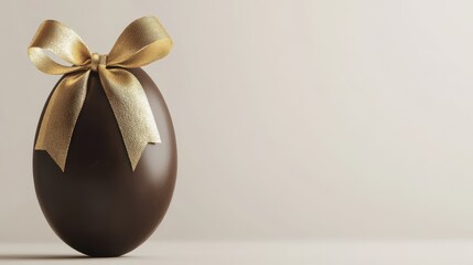 Chocolate egg with golden bow displayed on a white background during festive season