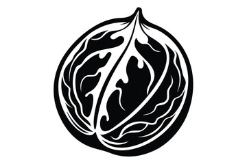 Stylized Black and White Walnut Illustration Depicting Intricate Shell Texture and Kernel Detail