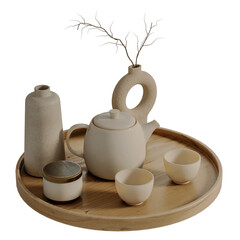 A wooden tray with a teapot, two cups, and a vase