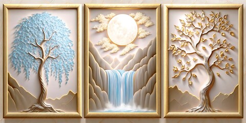 Framed art showcases a light blue weeping willow tree, waterfall under moon, and gold tree