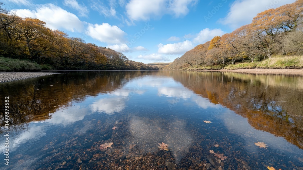 Poster calm river with a few leaves floating on the surface. the water is a deep blue color and the sky is 