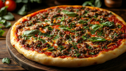 Delicious Meat Pizza with Fresh Basil and Tomato Ingredients