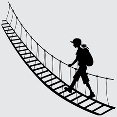 Person crossing a suspension bridge  image silhouette design vector art and illustration