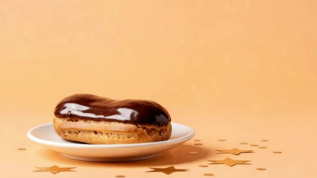 Chocolate glazed eclair on a plate, festive mood, orange background, copy space