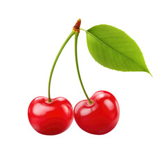 Pair Of Bright Red Cherries Connected By  isolated on a transparent background