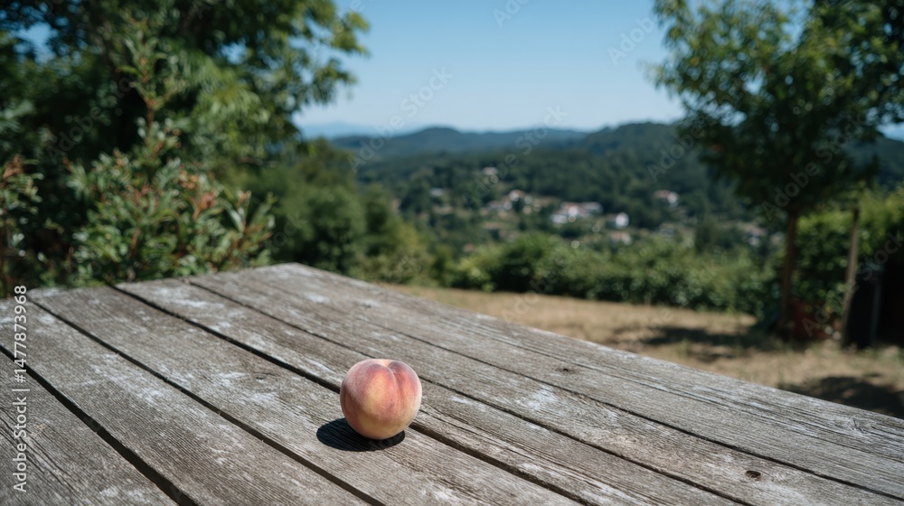 Poster A ripe peach rests on a weathered wooden table, illuminated by warm afternoon light with a scenic hillside view in the background, creating a tranquil atmosphere