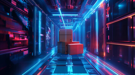 Futuristic Digital Warehouse with Neon Lights and Cardboard Boxes