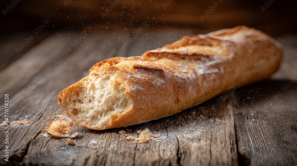 Poster golden baguette rests on a rustic wooden table with crumbs surrounding it, capturing the essence of 
