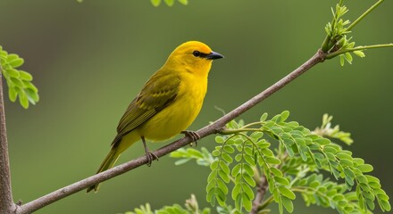 Obraz premium Yellow Bird on Green Branch - A vibrant yellow bird perches peacefully on a lush green branch, symbolizing serenity, nature, freedom, hope, and spring