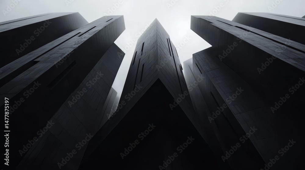 Poster city skyline with tall buildings and a cloudy sky. the buildings are all black, giving the scene a d