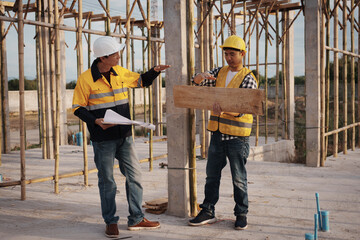 A team of engineers wearing hard hats inspect construction and inspect the site to ensure quality...