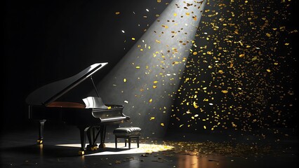 Fototapeta premium Grand Piano on Spotlight Stage with Floating Gold Confetti – Dramatic Musical Performance