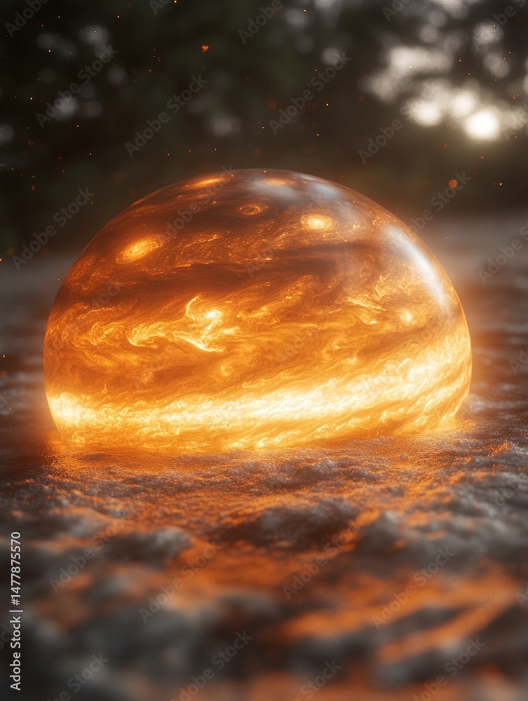 Wall mural glowing orb resting on a textured surface with a blurred background and warm color palette radiating