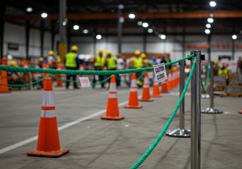 Caution Closed Area Green Rope,Orange Cones,Workers Blurred Background,Industrial Setting,Safety First
