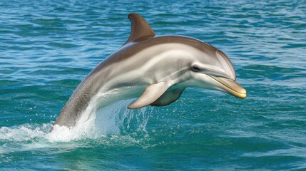 Obraz premium Dolphin Leaping Out of Clear Tropical Water in Bright Blue Ocean