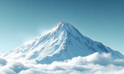 Majestic snow-capped peak emerges from a sea of clouds under a clear sky, sunlight illuminating its summit