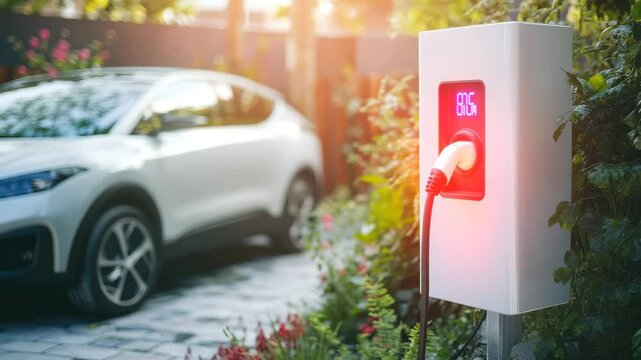 Charging an electric car at home, symbolizing the convenience of sustainable transport and environmental responsibility.