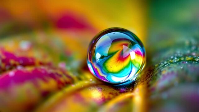 "Colorful Water Droplet on a Leaf: Stunning 4K Close-Up of a Vibrant Water Droplet Reflecting the Beautiful Colors of Nature on a Green and Purple Leaf."

