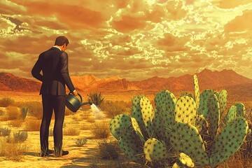 Elegance Meets Sustainability – Man in Luxury Suit Watering Desert Cactus at Sunset. Generative AI.
