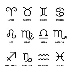 Zodiac signs set. Isolated horoscope zodiac symbols Aries, Taurus, Gemini, Cancer, Leo, Virgo, Libra, Scorpio, Sagittarius, Capricorn, Aquarius, and Pisces. Zodiac astrology