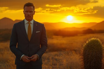 Elegance Meets Sustainability – Man in Luxury Suit Watering Desert Cactus at Sunset. Generative AI.