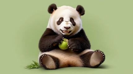 Obraz premium Cute smiling panda holding green apple on soft green background