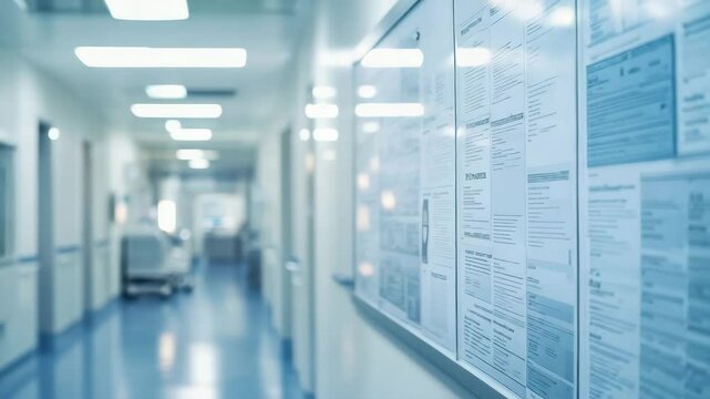 A hospital hallway with a blurred background and bright lights. A notice board on the wall and an empty chair on the right.