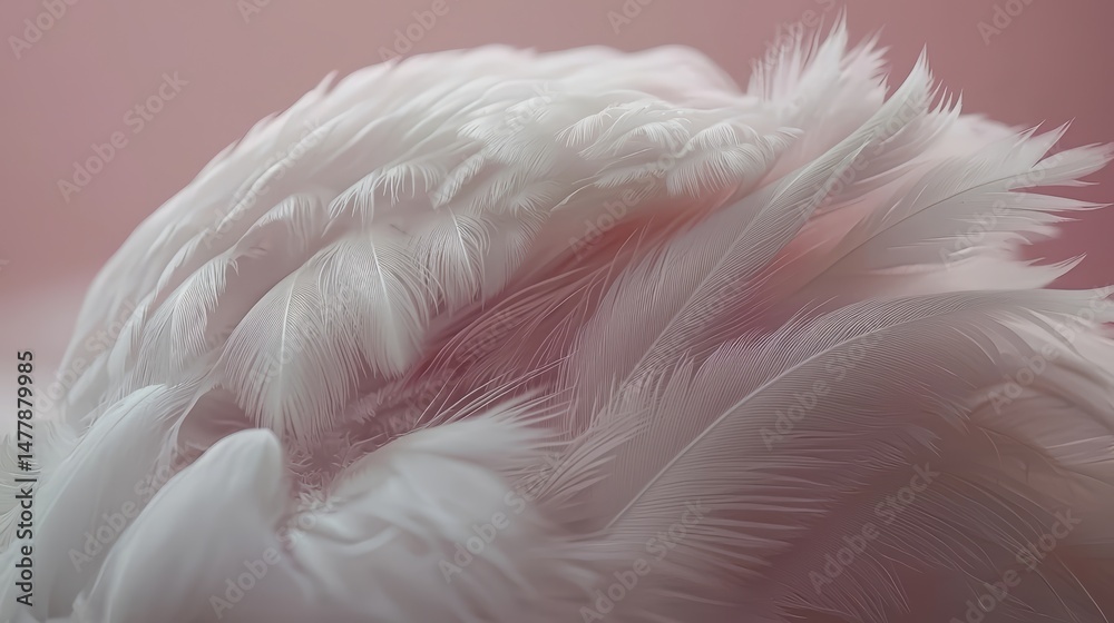 Poster close up of a bird's feathers, with a pink background. the feathers are white and appear to be fluff