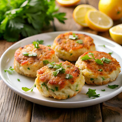 Delicious fish cakes garnished with fresh herbs.