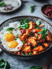 Fototapeta premium Close-up of chicken stir-fry with rice and fried eggs in a bowl, studio shot, delicious Asian cuisine presentation