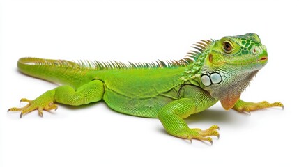 Vibrant Green Iguana Crawling on White Background in Natural Pose