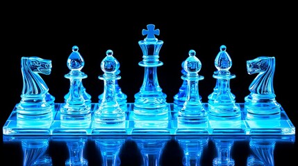 Illuminated transparent blue glass chess pieces stand ready for play on a reflective board against a black background.