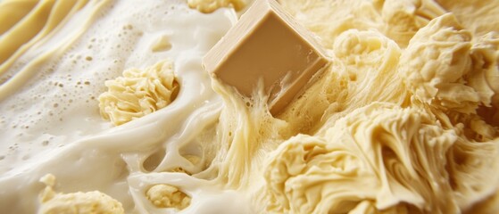 Close up of Tofu Cube in Creamy Sauce with Textured Vegetable Protein Chunks Macro Food Photography