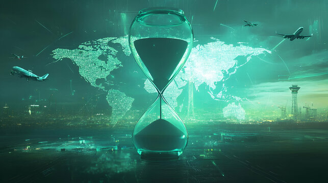 Futuristic Hourglass with Global Map and Airplanes at Night